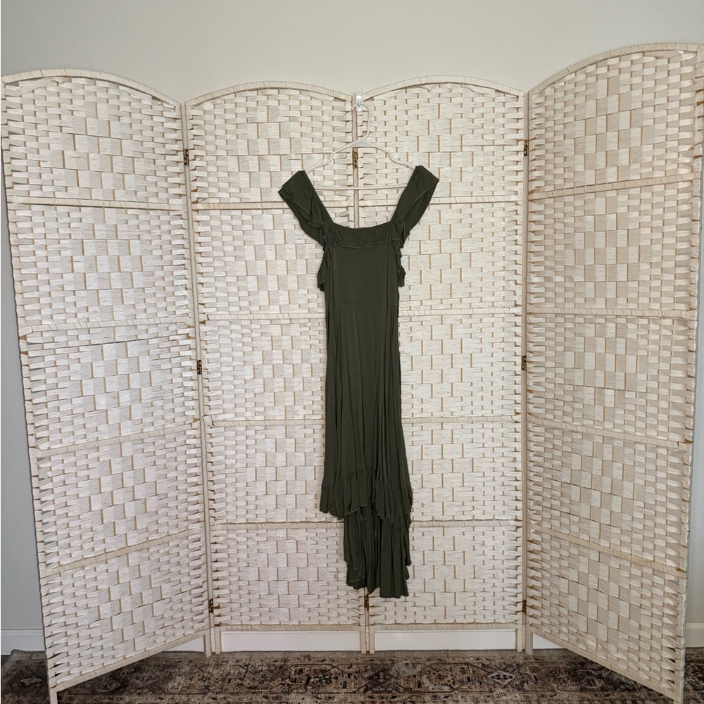 Joyfolie Olive Green Ruffle-Off Shoulder Maxi Dress